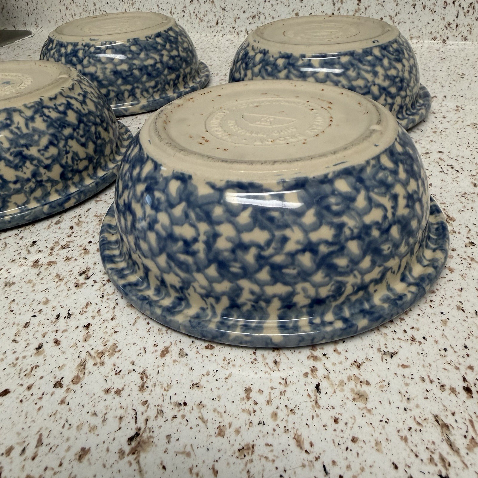 Blue Spongeware Pottery Roseville OH Cereal Soup Bowls 6.5″ Set of 4 USA Vintage