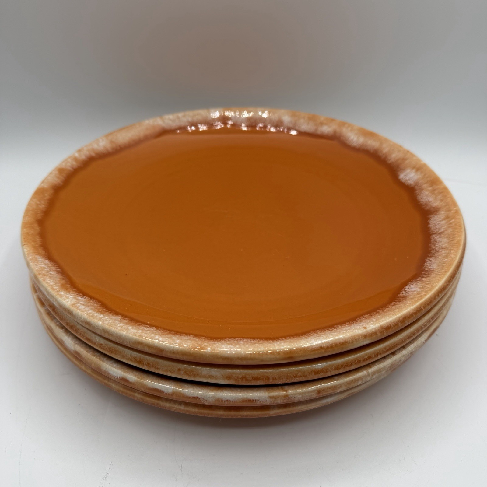 Set of 4 Vintage Hull Tangerine Orange Drip Glaze Dinner Plates 10.5″ Round USA