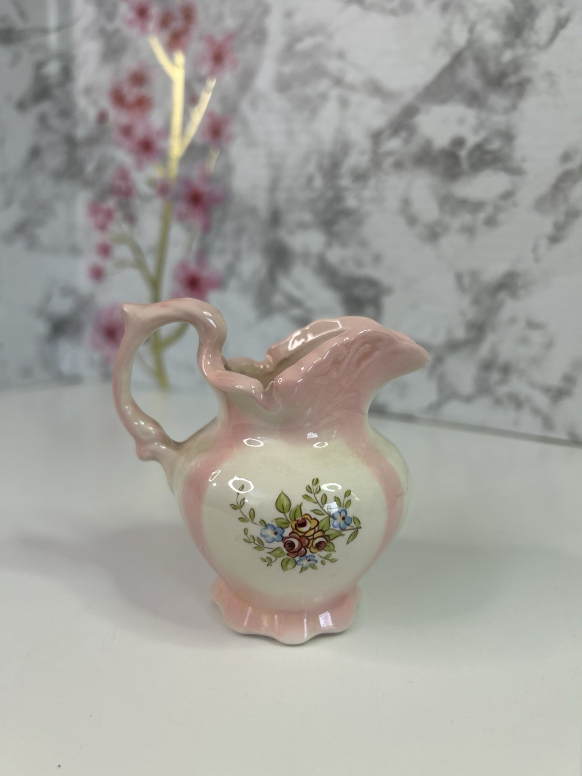 Tiny White & Pink Flower Floral Miniature Pottery Pitcher– 3 inches Dollhouse