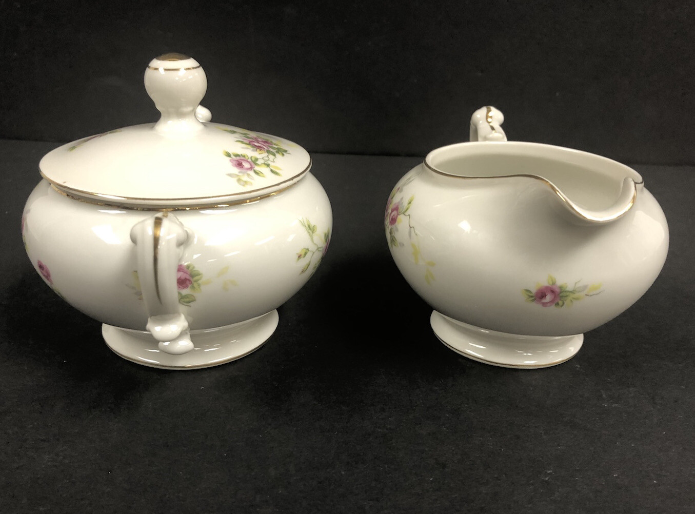 Pink White Rose CREAMER & SUGAR BOWL China SET Made in Occupied JAPAN 40’s Gold