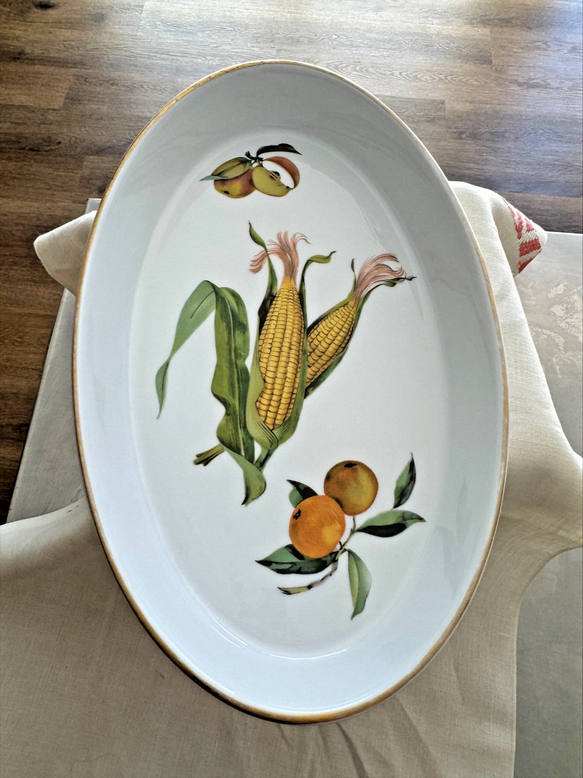 Royal Worcester Evesham Oval Platter – 14 Inch Porcelain Fruit Corn Gold Trim