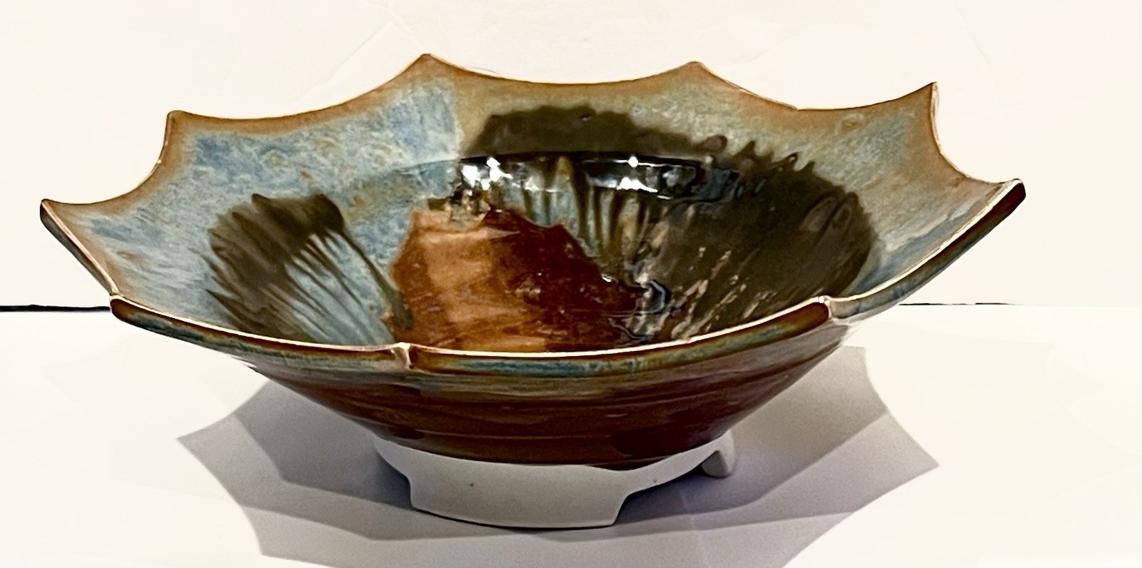 Phil Mayhew Studio Art Pottery Drip Glaze 12” Bowl Blue Footed decorative