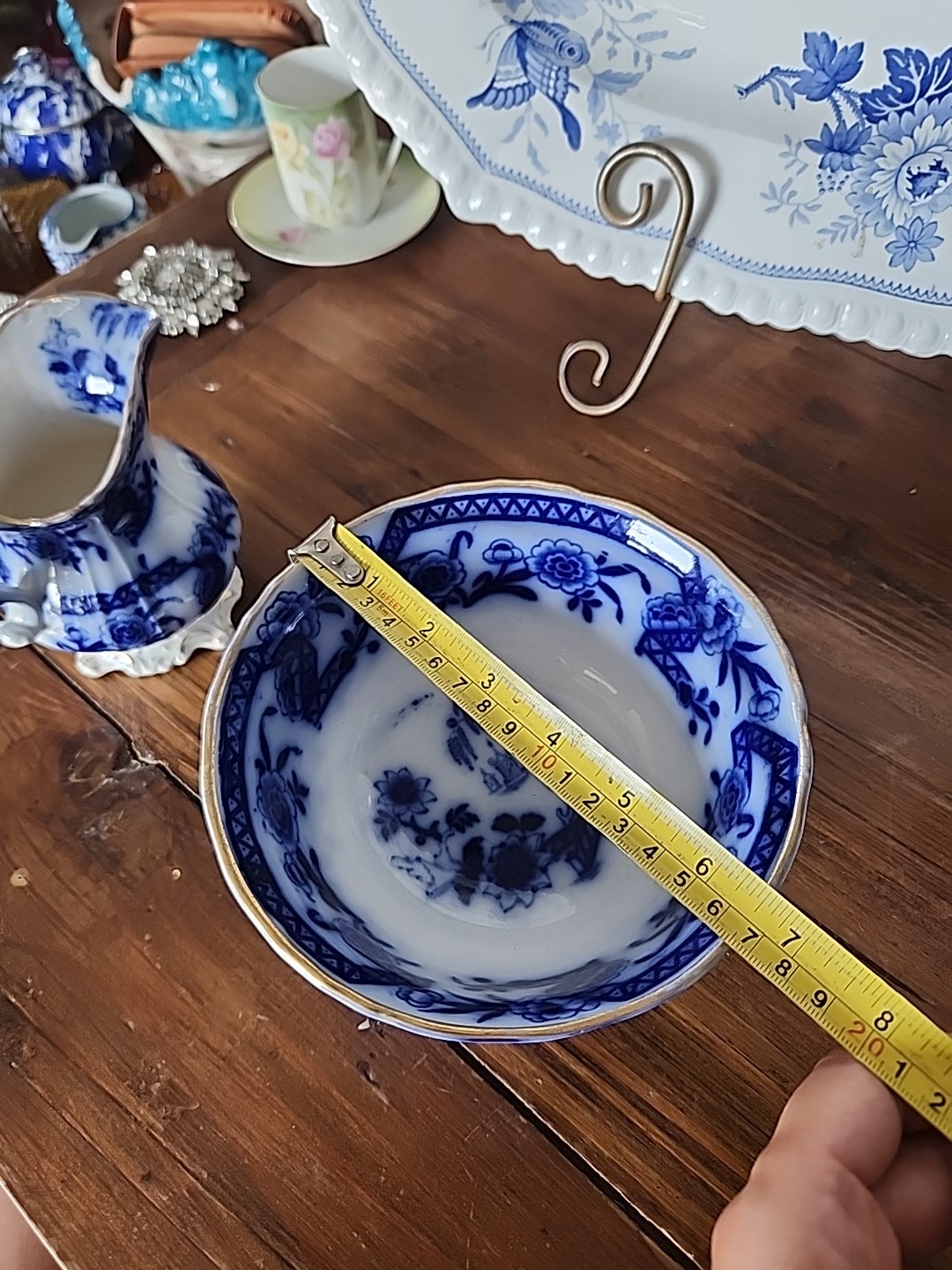 Rare Flow Blue Sugar Creamer And Bowl Trio Set Asian Motif Gold Band