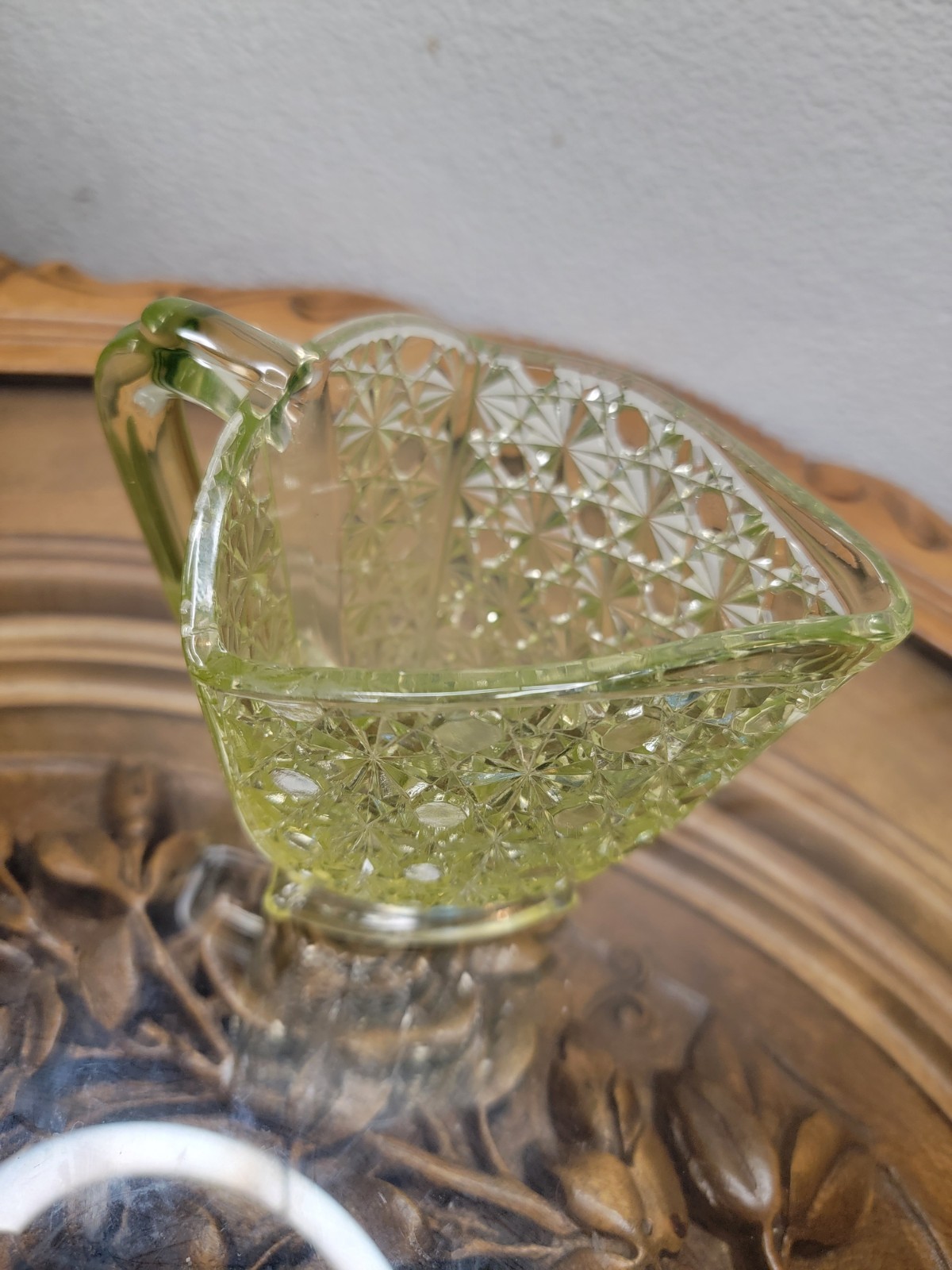 Gillinder & Sons Antique Vaseline Yellow Uranium Glass Triangle Cream Pitcher