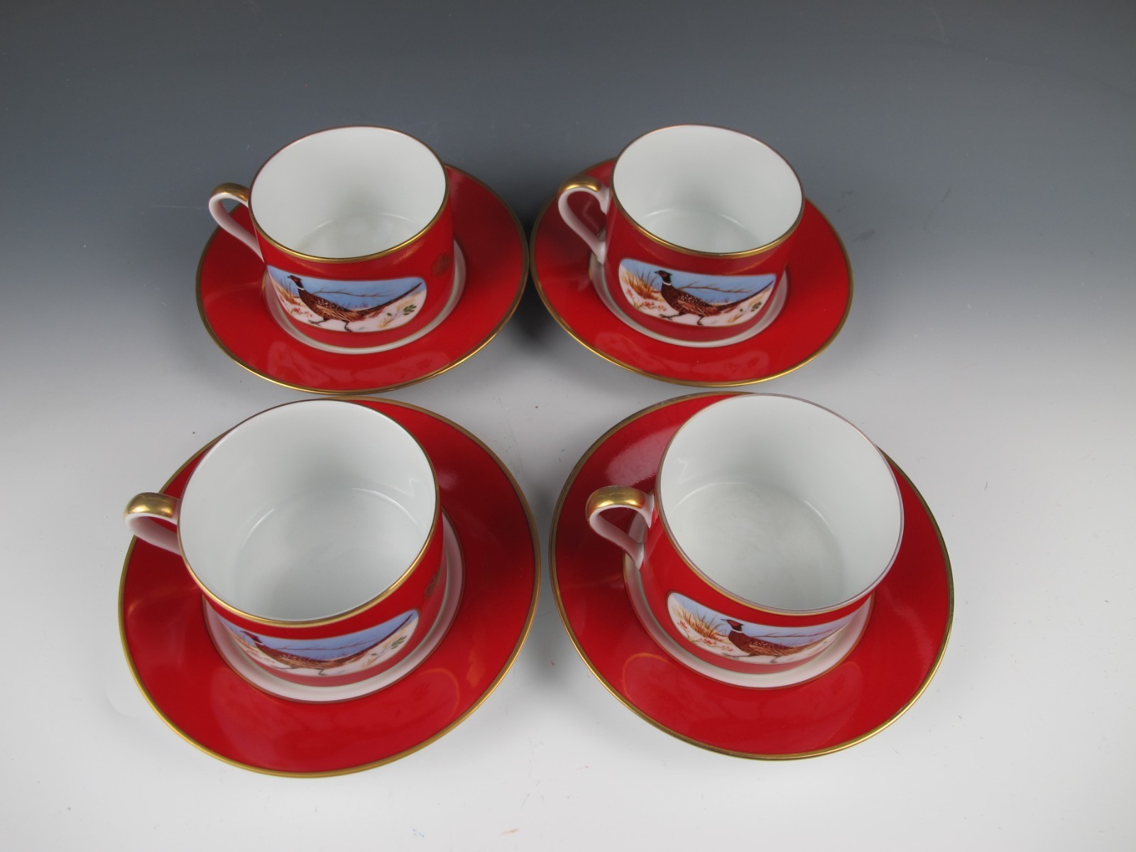 (4) Lynn Chase Winter Game Birds Red Cup & Saucer Sets