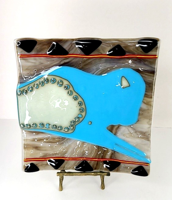 Handmade Fused Art Glass Square Decorative Plate Blue Southwest Buffalo abstract