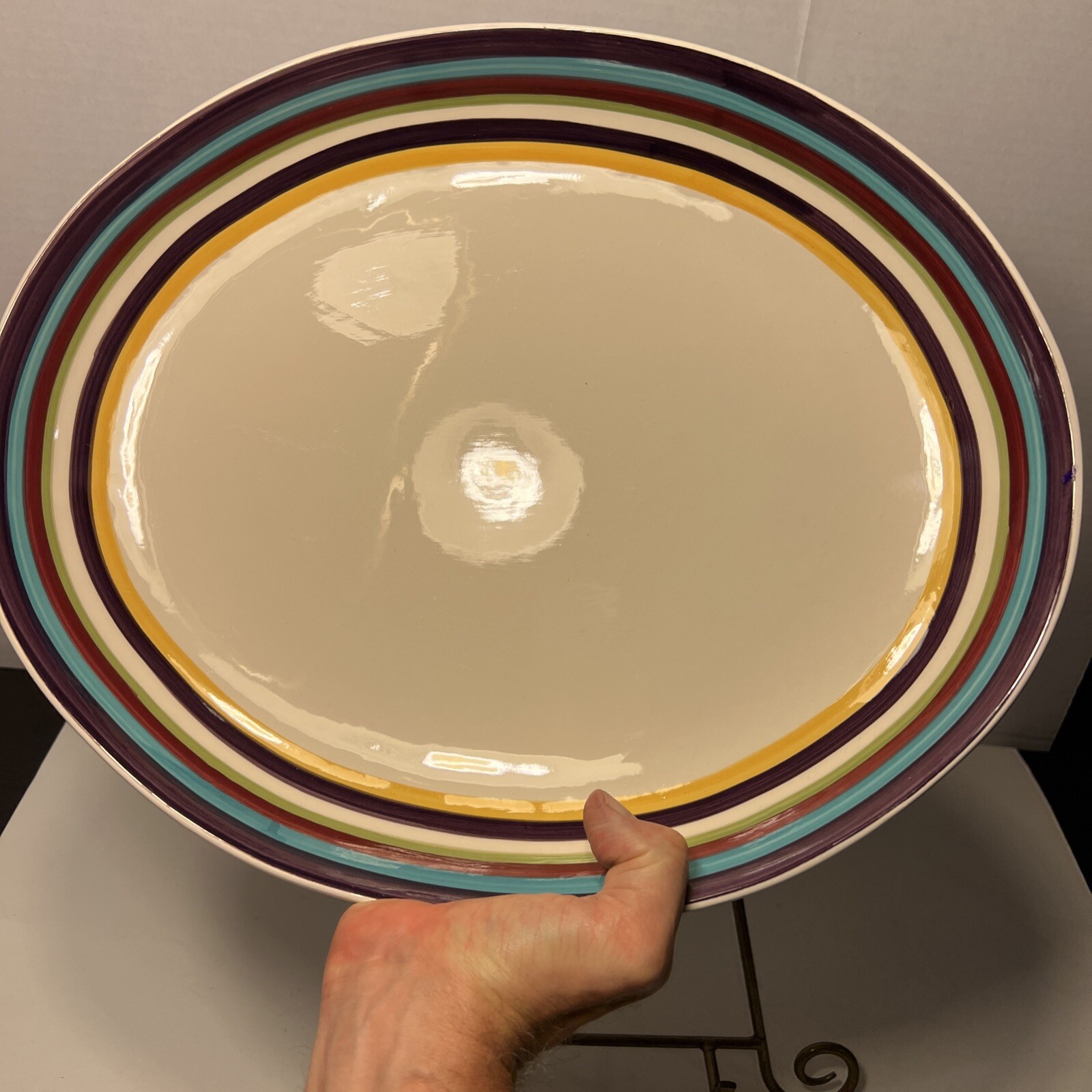 Tabletops Gallery Huge Striped 15.5 Diameter Serving Bowl Hand Painted NICE