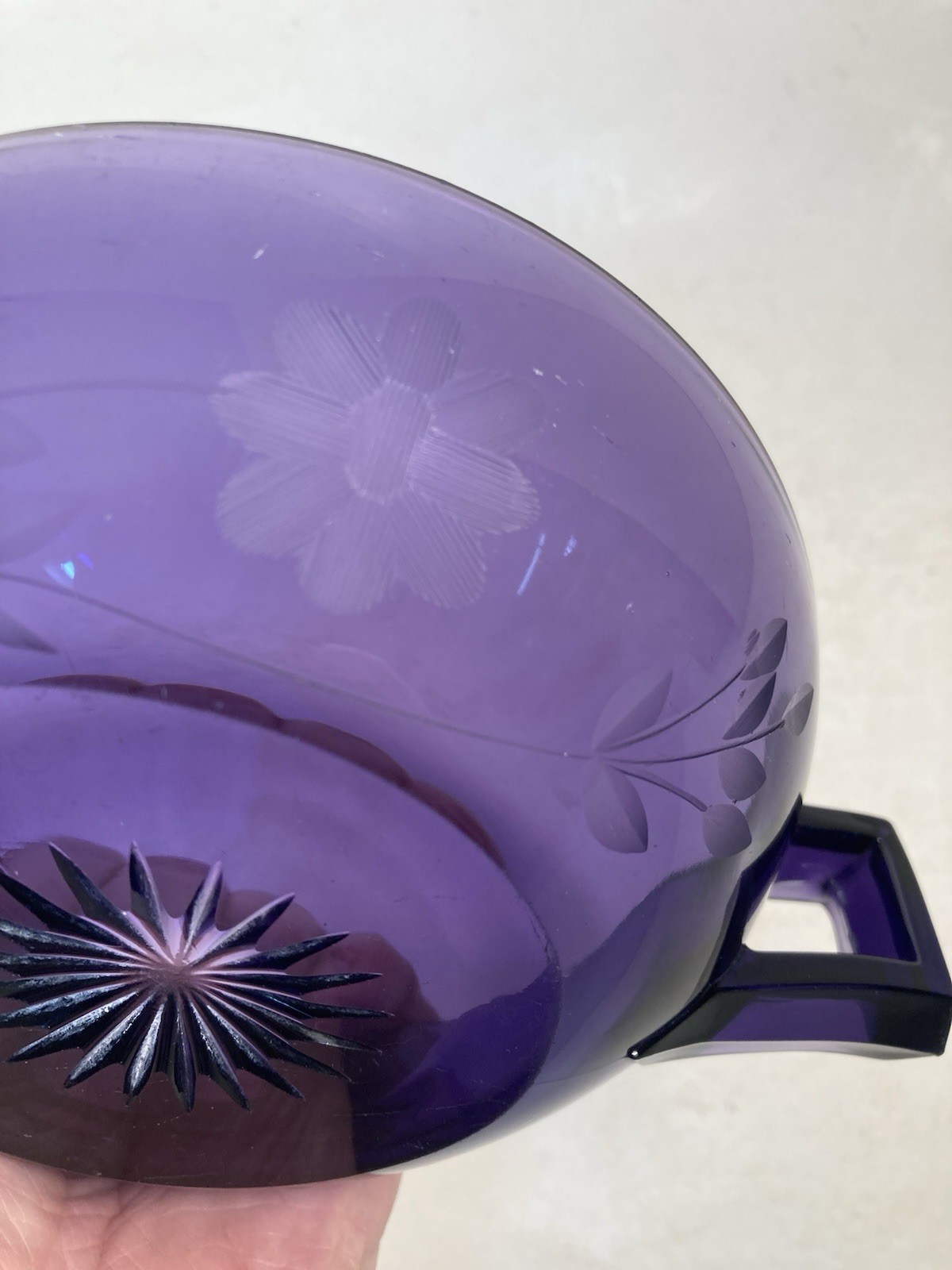 Vintage Glass candy Dish, Server, condiment, irradiated purple, etched floral