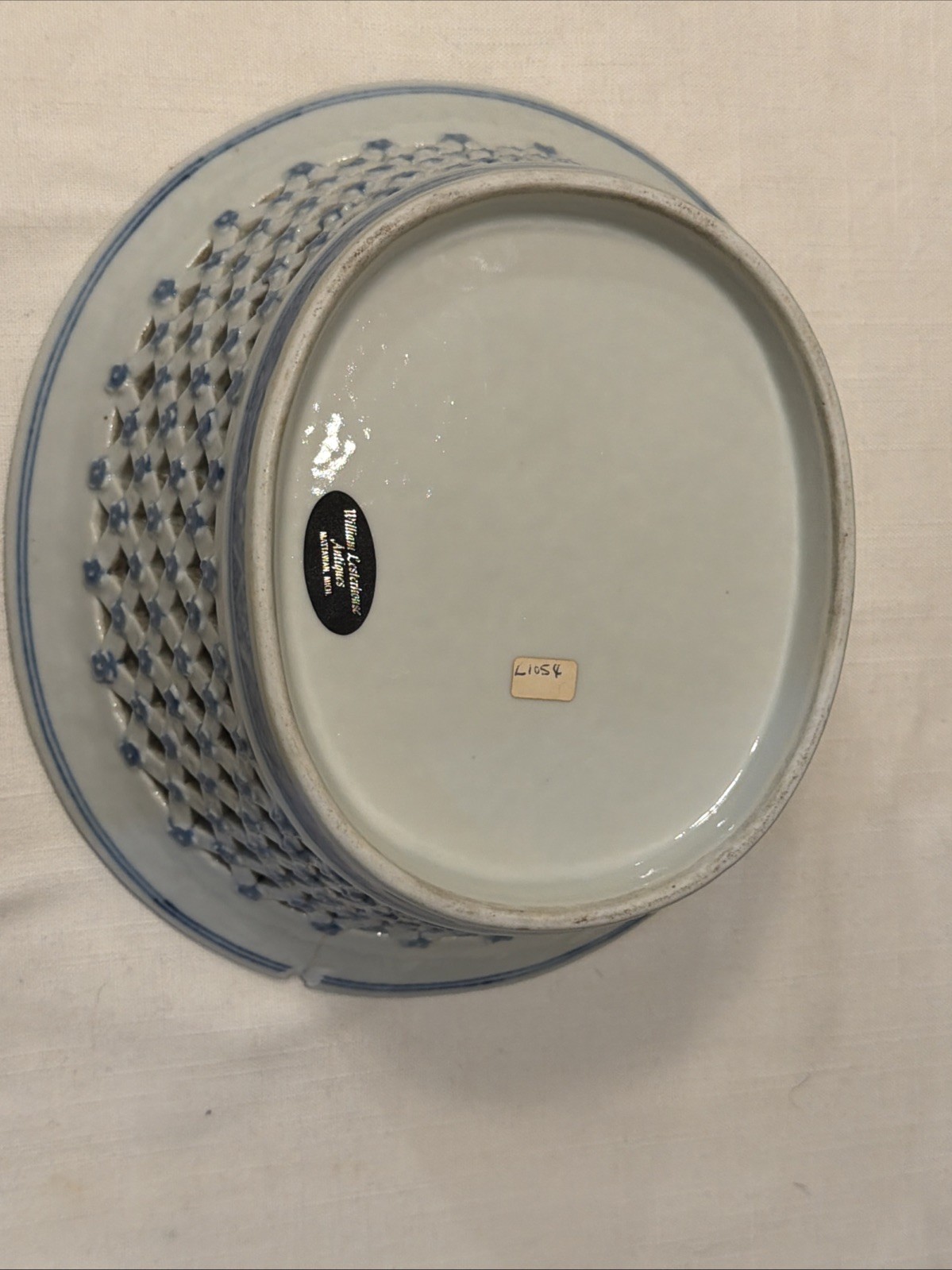 Rare Reticulated Canton Blue and White Chestnut Bowl Antique Transferware