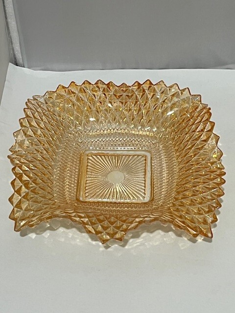 Vintage Yellow & Orange Diamond Point Sawtooth Square glass Candy Dish Bowl set