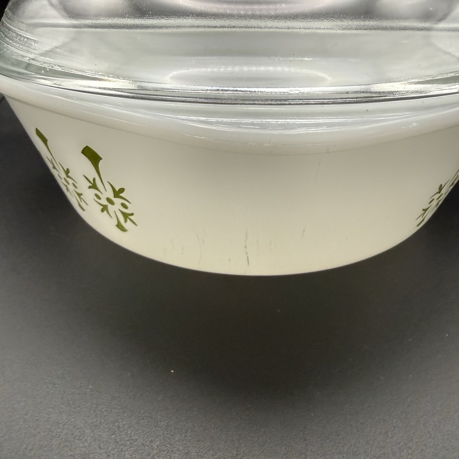 Vintage Mid Century Modern Glasbake Milk Glass Green Pinwheel 2QT Casserole/Lid