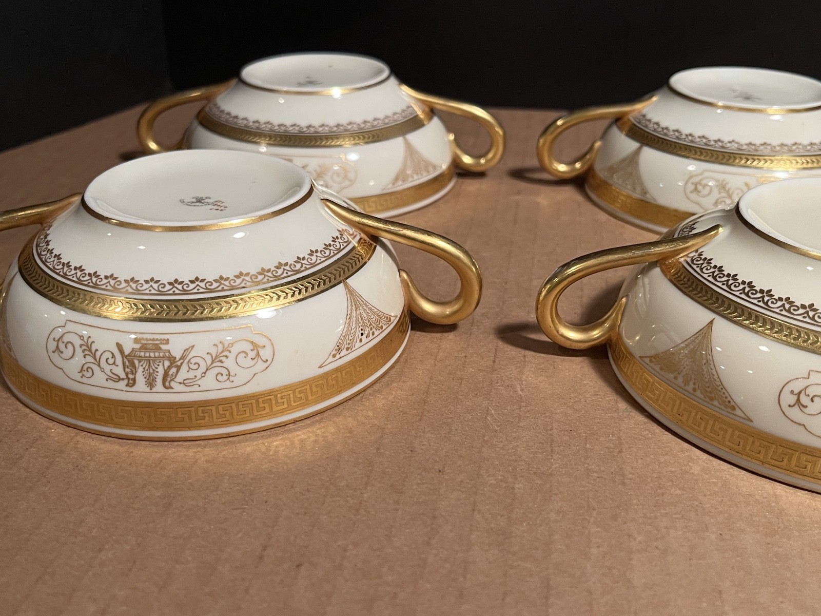 Antique Pirkenhammer Gold Encrusted Bouillon Cream Soup Cups Saucers Set of Six