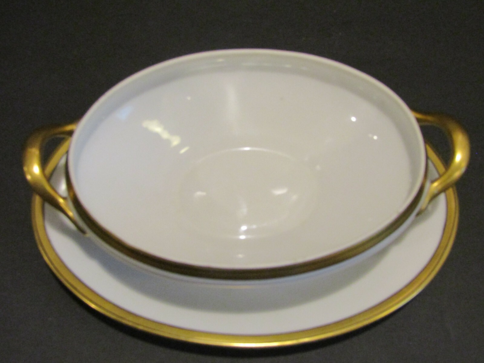 Gravy Boat With Handles & Attached Underplate – Gold With Black Stripe FRANCE