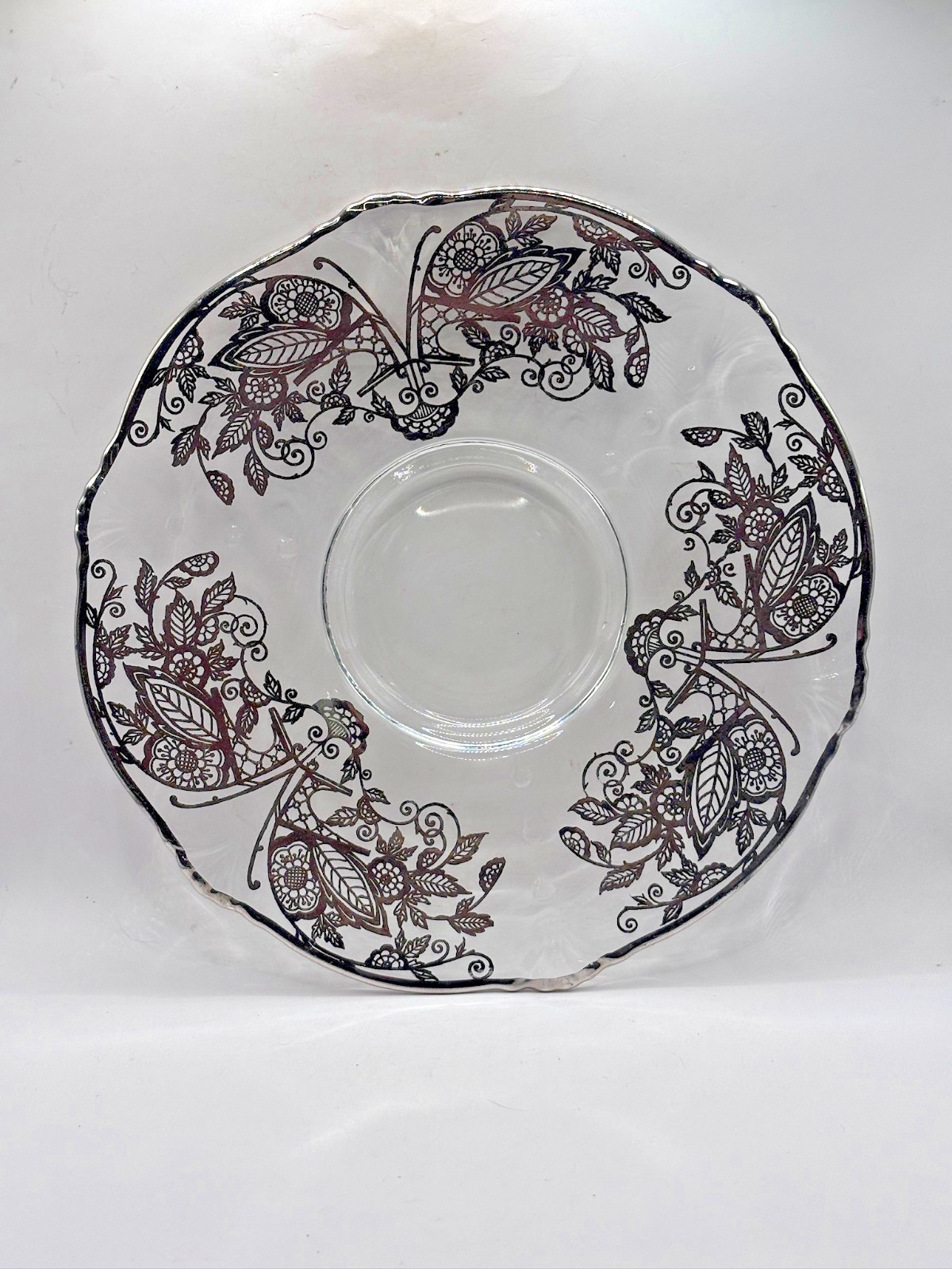 Platter Tray Sterling Silver Overlay on Clear Glass Vintage Butterfly Motif EVC