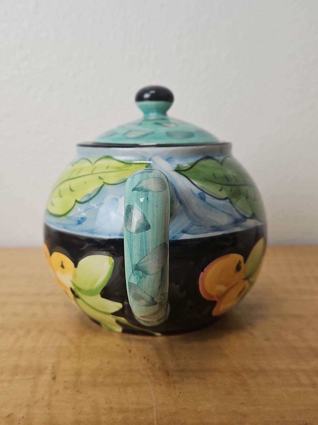 Favanol Teapot Fruit and Leaves Hand Painted Portugal blue, black, teal