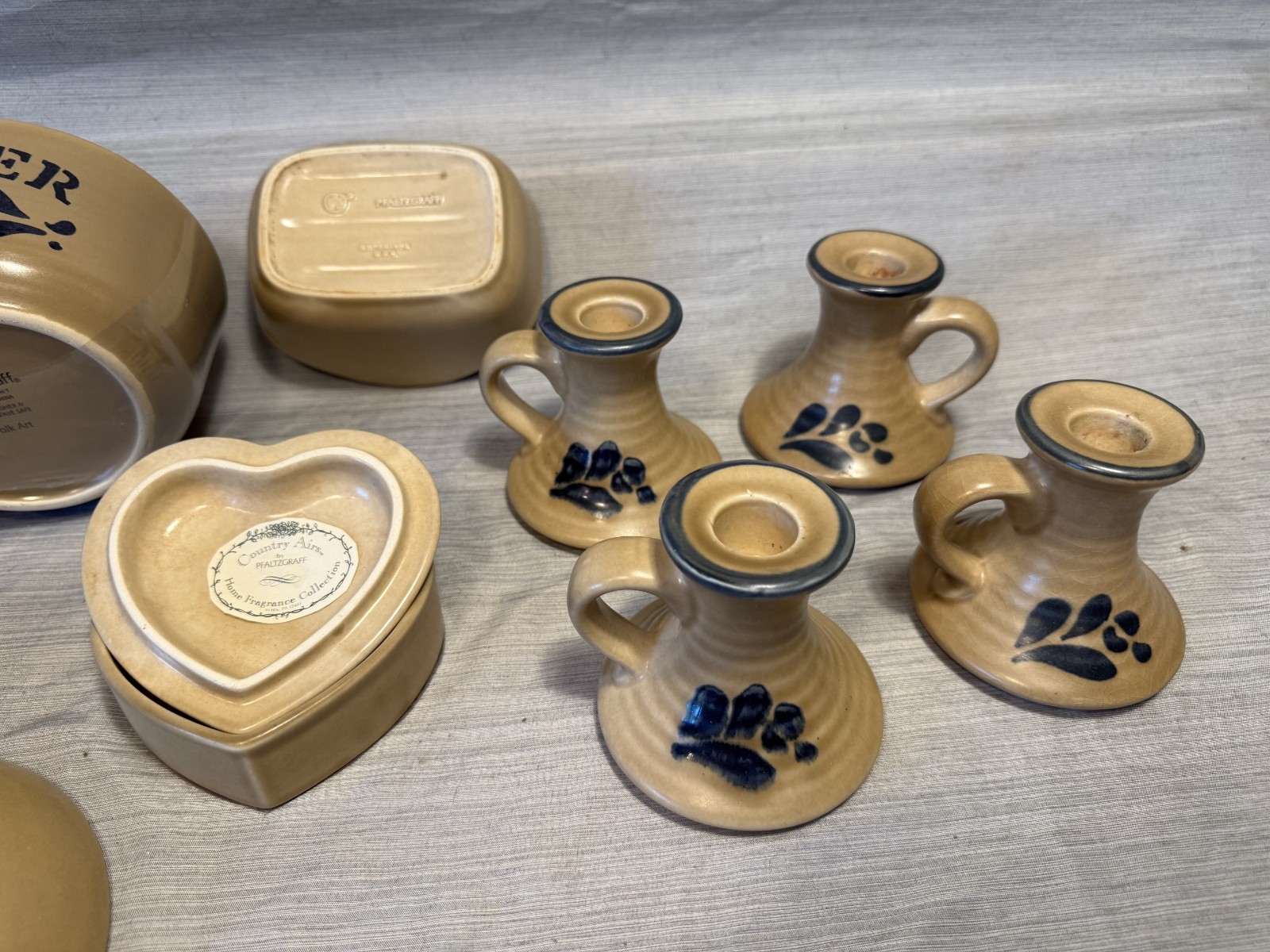Pfaltzgraff Folk Art Stoneware Lot Gravy Boat Butter Dish Candlesticks 8pc