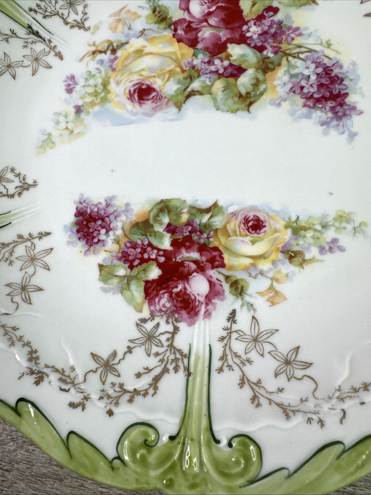 Antique 10″ Dinner Luncheon Plate Yellow & Red Roses Gold Accents