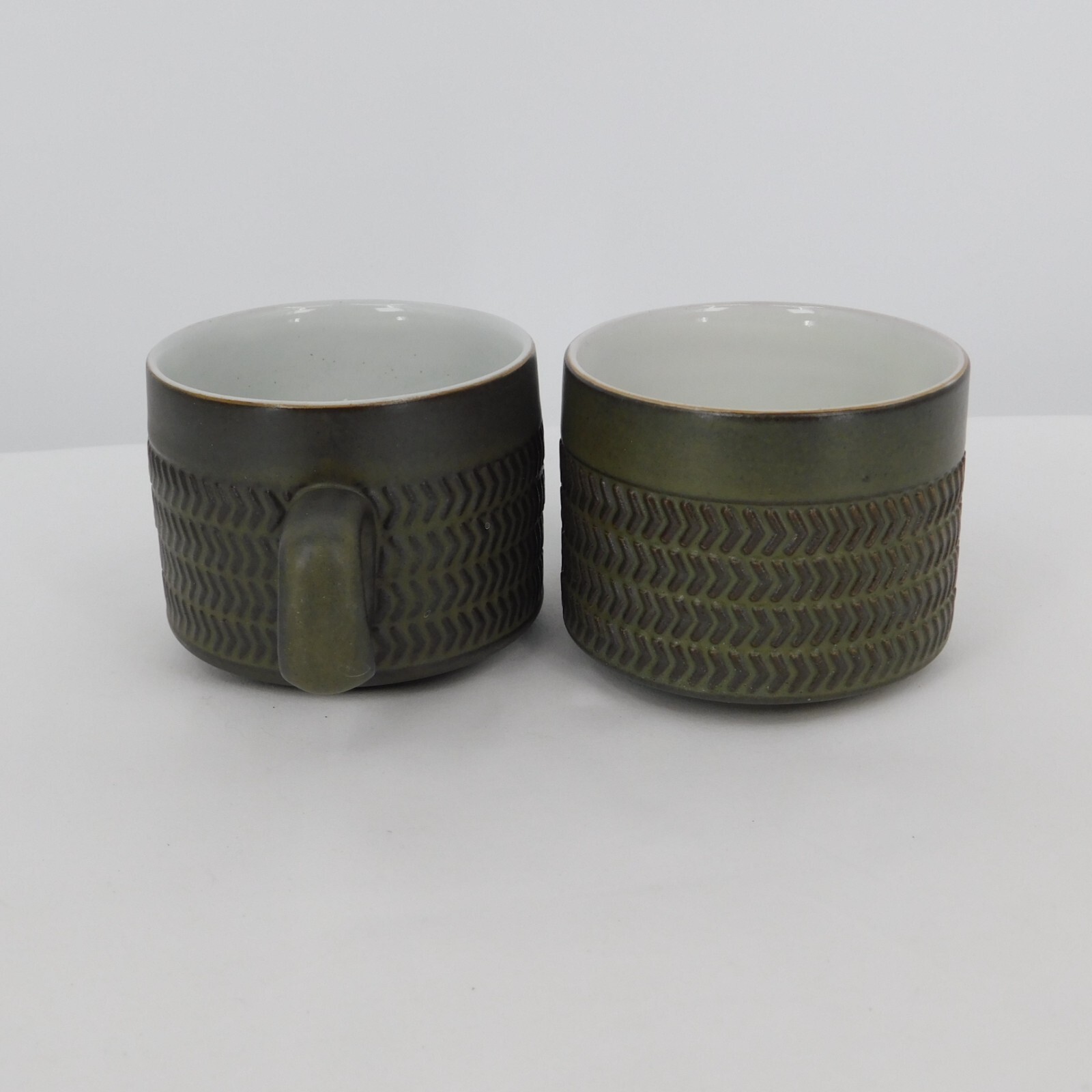 Set of 2 Denby Camelot Dark Green Flat Cup 2 1/2″ tall Chevron Pattern Vintage