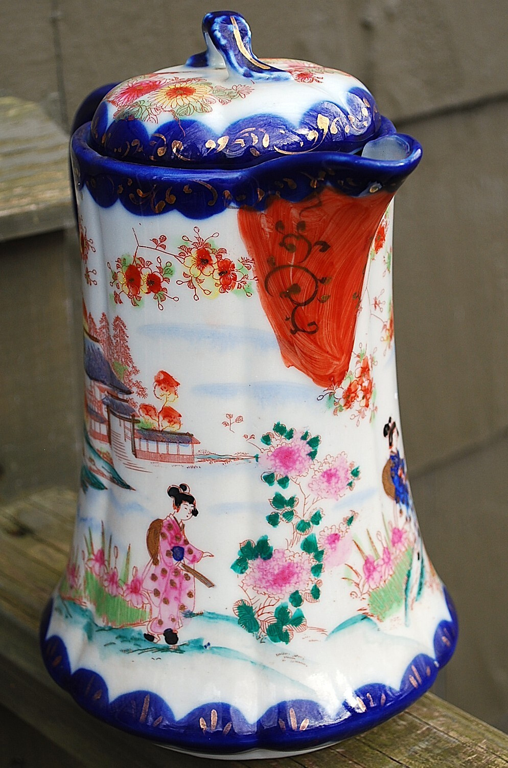 Antique Hand Painted Porcelain JAPANESE GEISHA SCENE Chocolate Pot w/ Lid COBALT
