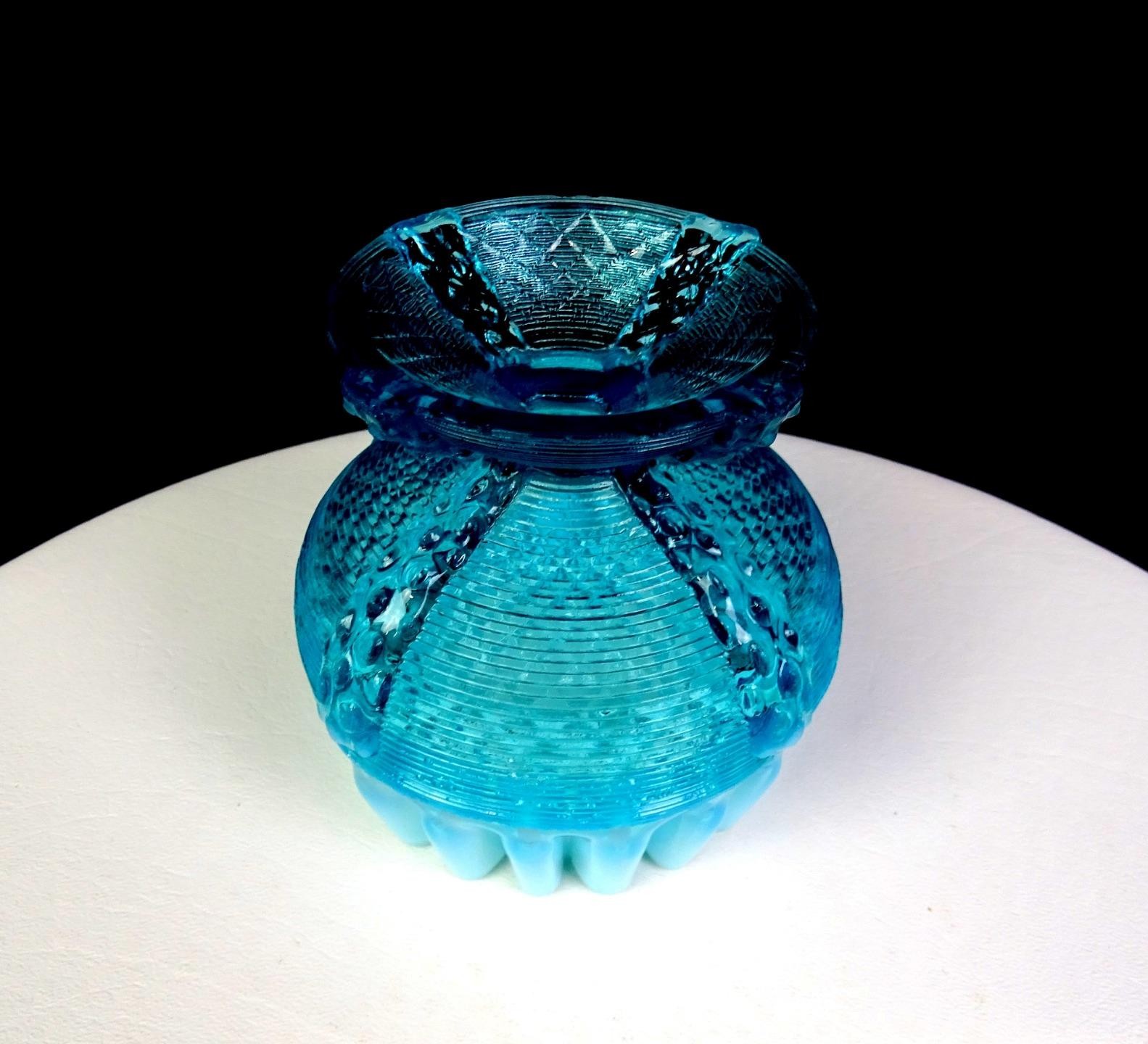 Northwood Glass Blue Opalescent Button Panel Pedestal 4 1/4″ Rose Bowl 1897-1905