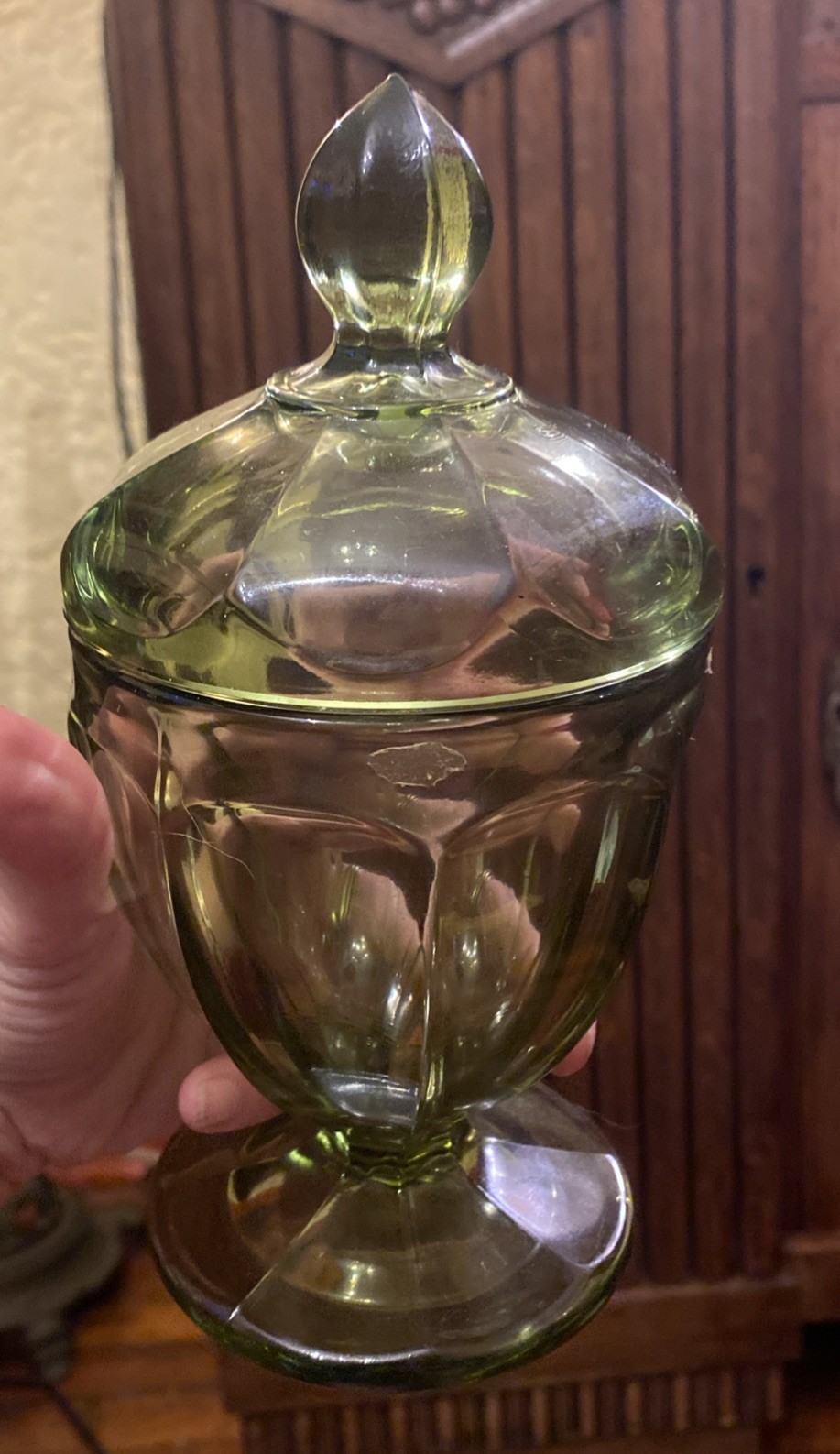 VTG Mcm Fostoria Green Lidded Compote Candy Dish 8″ T 4″ D