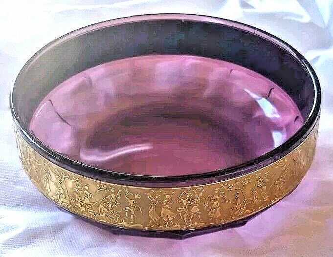 Antique Moser Amethyst Art Glass Bowl W/ Gilded Cameo Frieze 1920s Art Nouveau