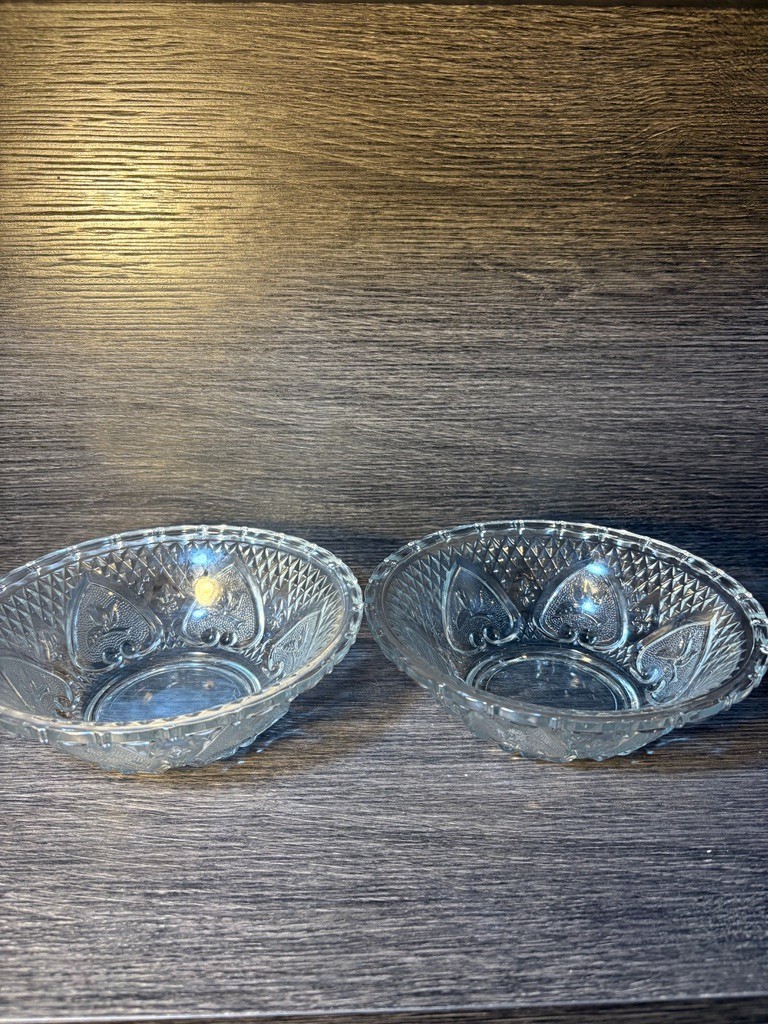 2 Vintage KIG Indonesia clear glass bowl with Heart and Floral pressed pattern