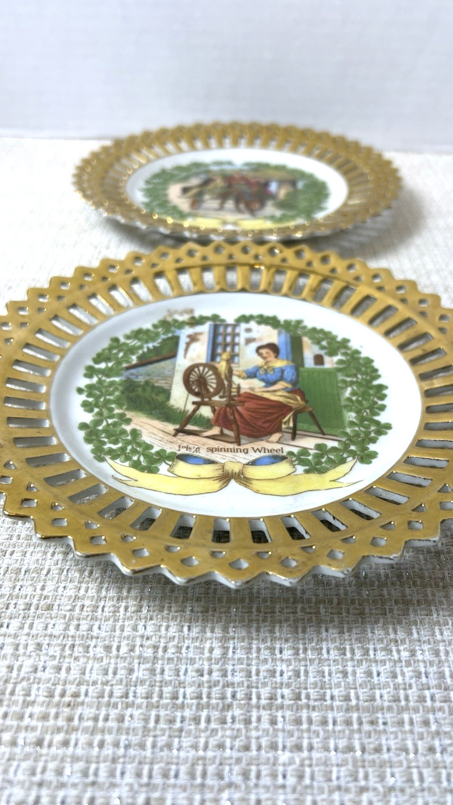 Vintage Lot 2 SET Schumann Bavaria Reticulated Gold Irish Home Decor Plates 8″
