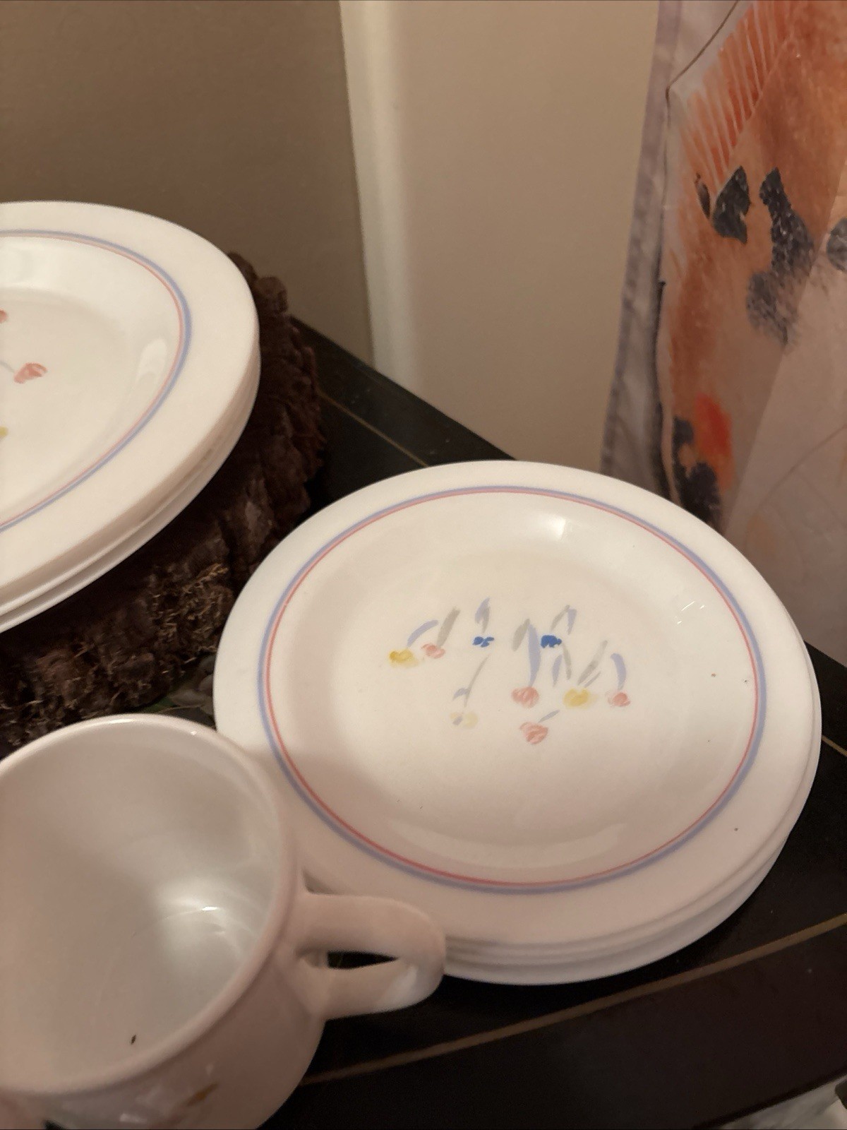 ARCOPAL France PASTORAL Vtg. Milk Glass 4 Salad 4 dinner, 3 soup bowls 4 Mugs