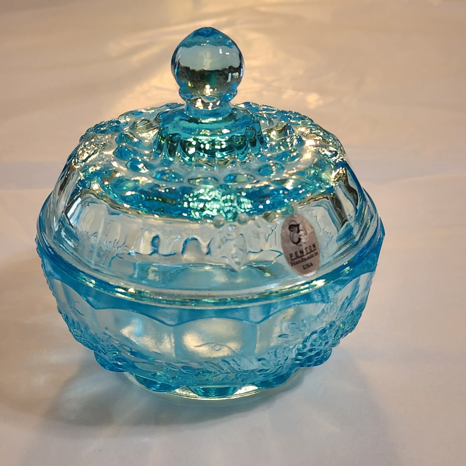 Fenton Blue Aqua Glass Paneled Puff Box Candy Dish Jelly Compote Grape Vines