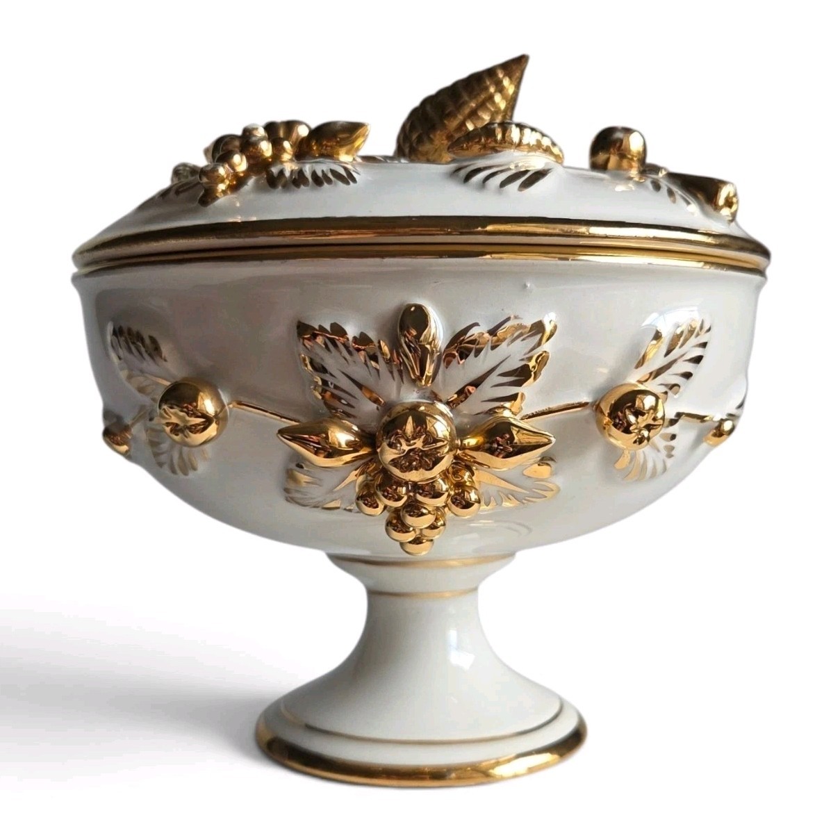 VTG Italian Covered Pedestal Candy Dish Gold Gilt Grapes KBNY Style 2309 Italy
