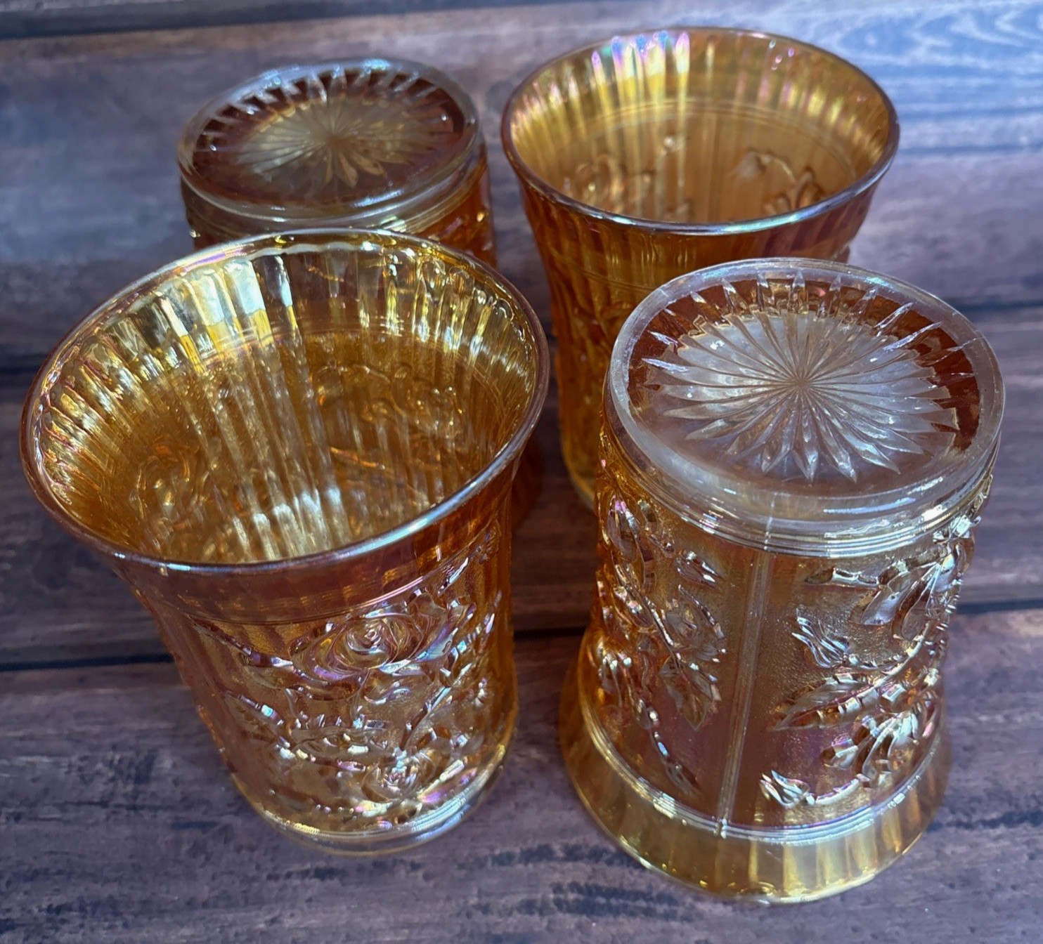 Vintage Imperial Marigold Carnival Glass Water Pitcher With Set of Four Glasses
