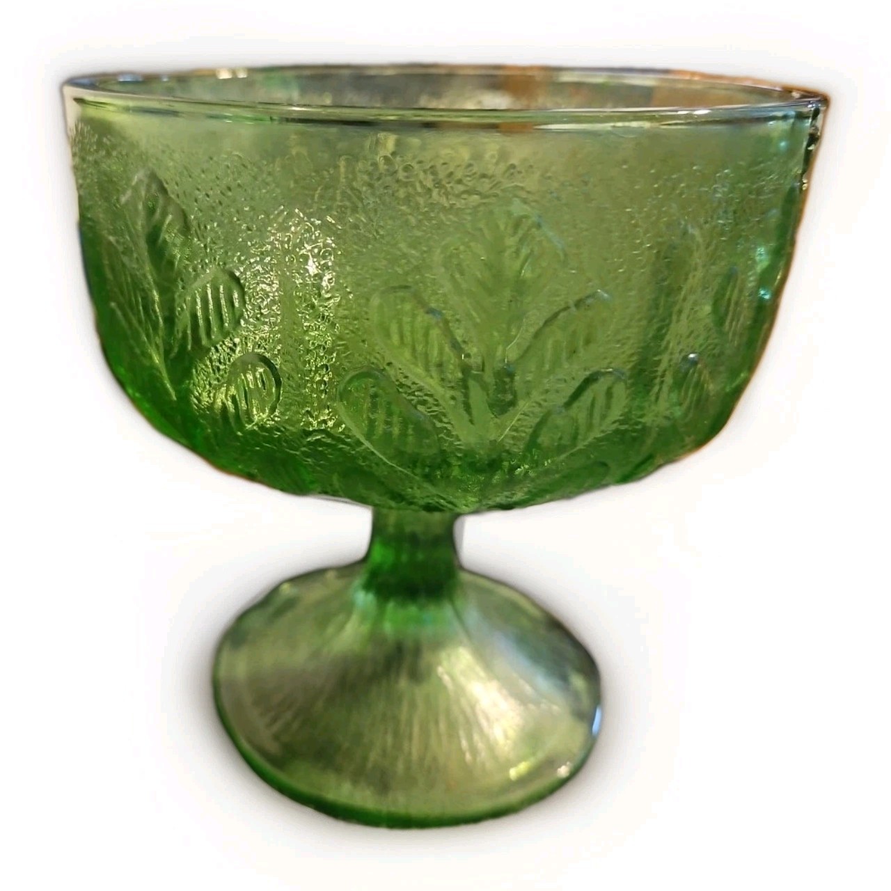 Vintage FTD Green Glass Footed Compote Bowl Vase Candy Dish Oak Leaves Pattern