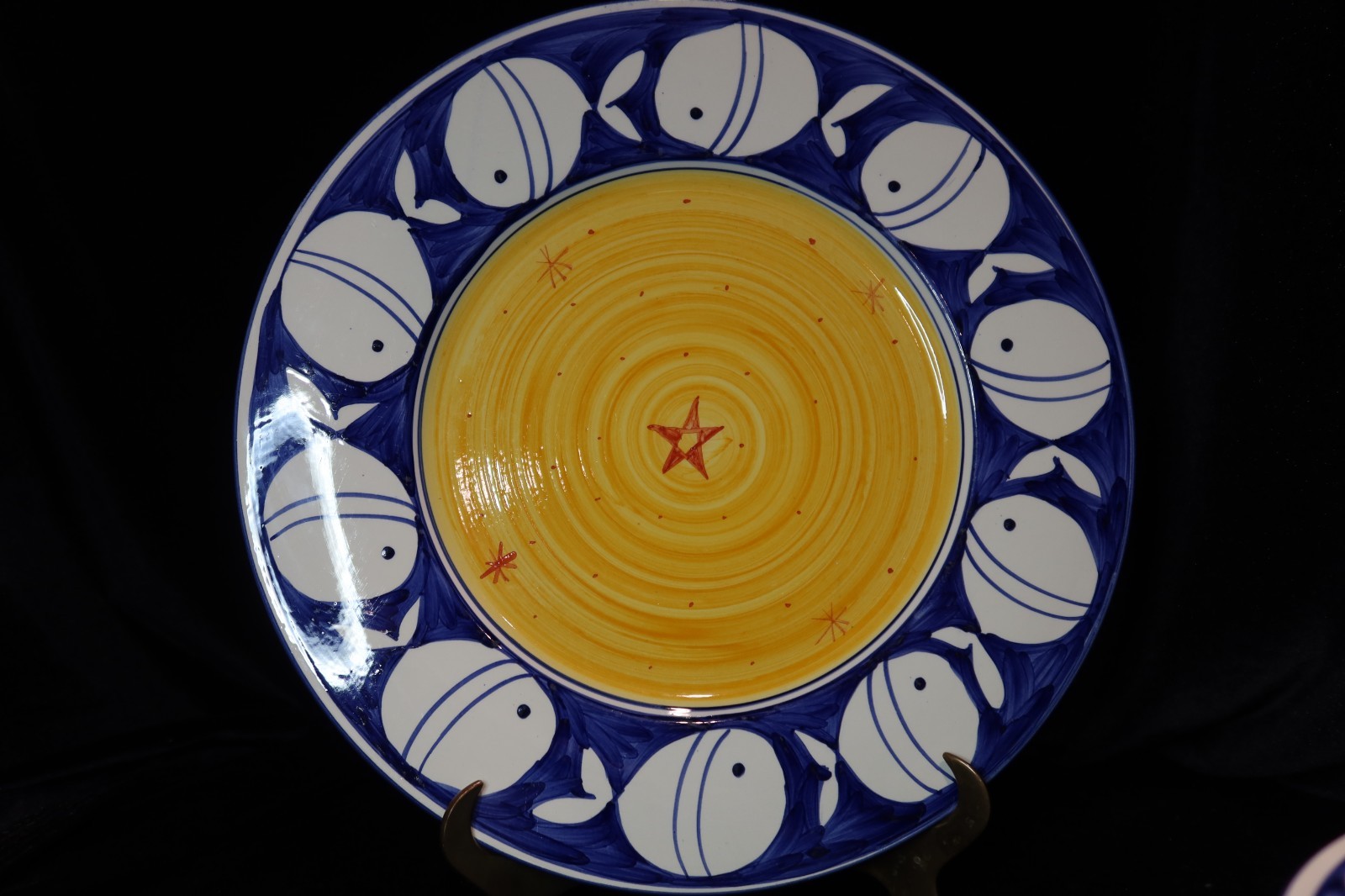 Portugal White Fish on Cobalt Blue Border Yellow Center 12 Pieces Hand Painted