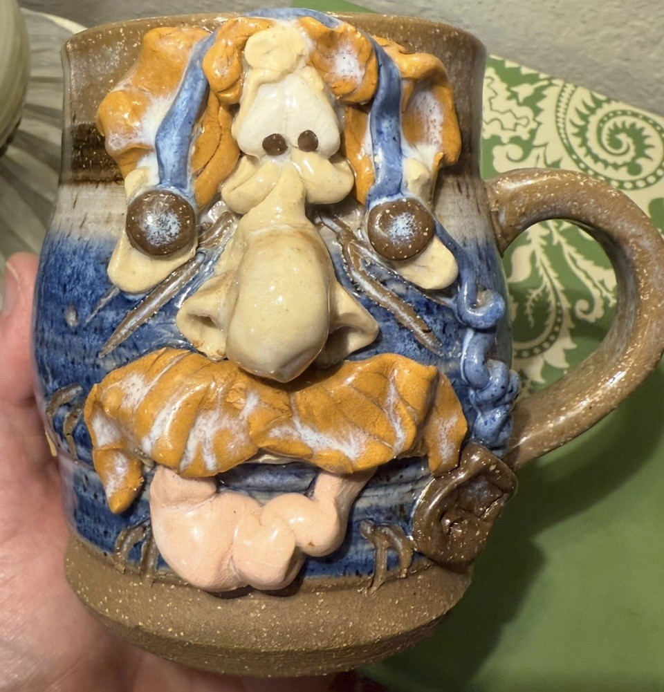 Studio Pottery Funny Ugly Face Coffee Mug Artist Signed Folk Art Blue gift