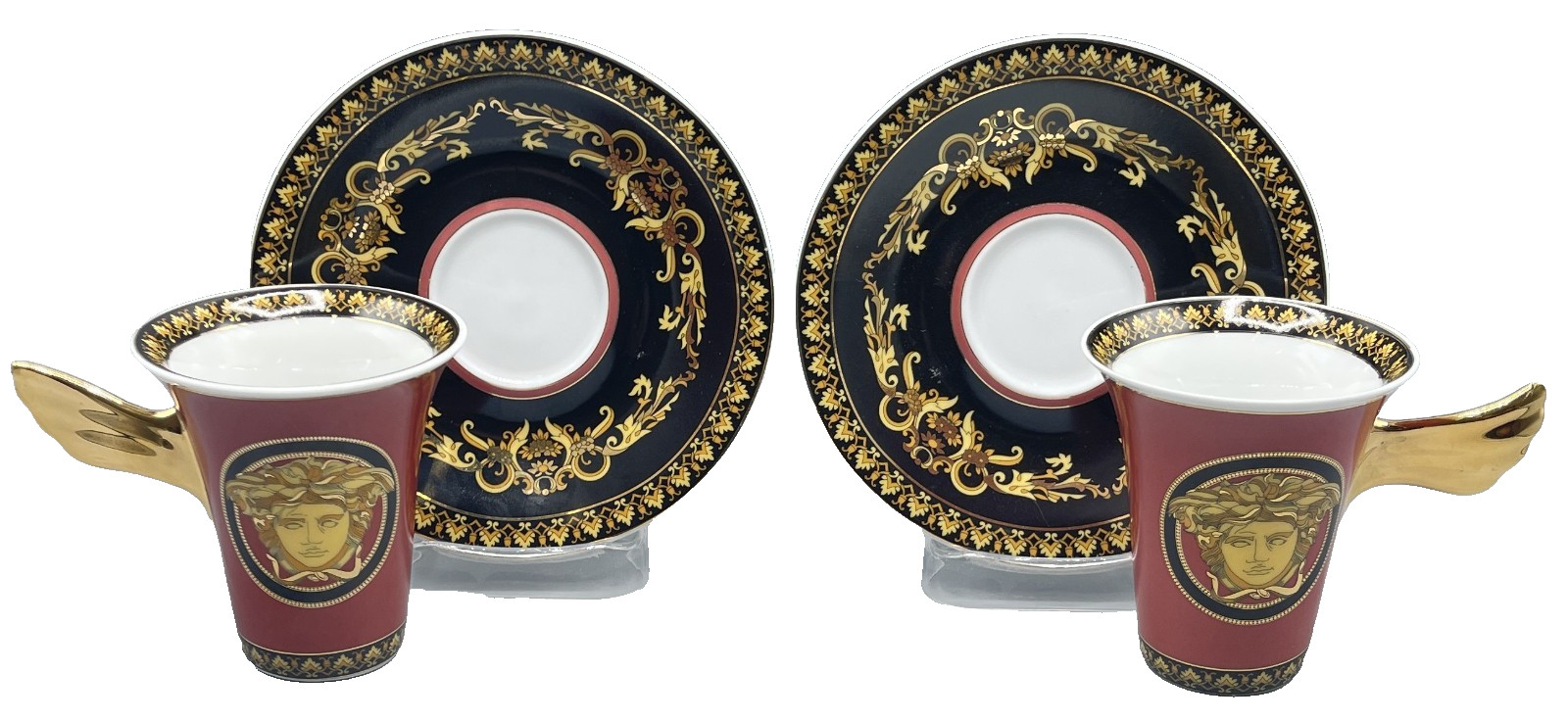 Pair Of Rosenthal Versace “MEDUSA RED” TALL CUPS & SAUCERS (ITALY DESIGN)