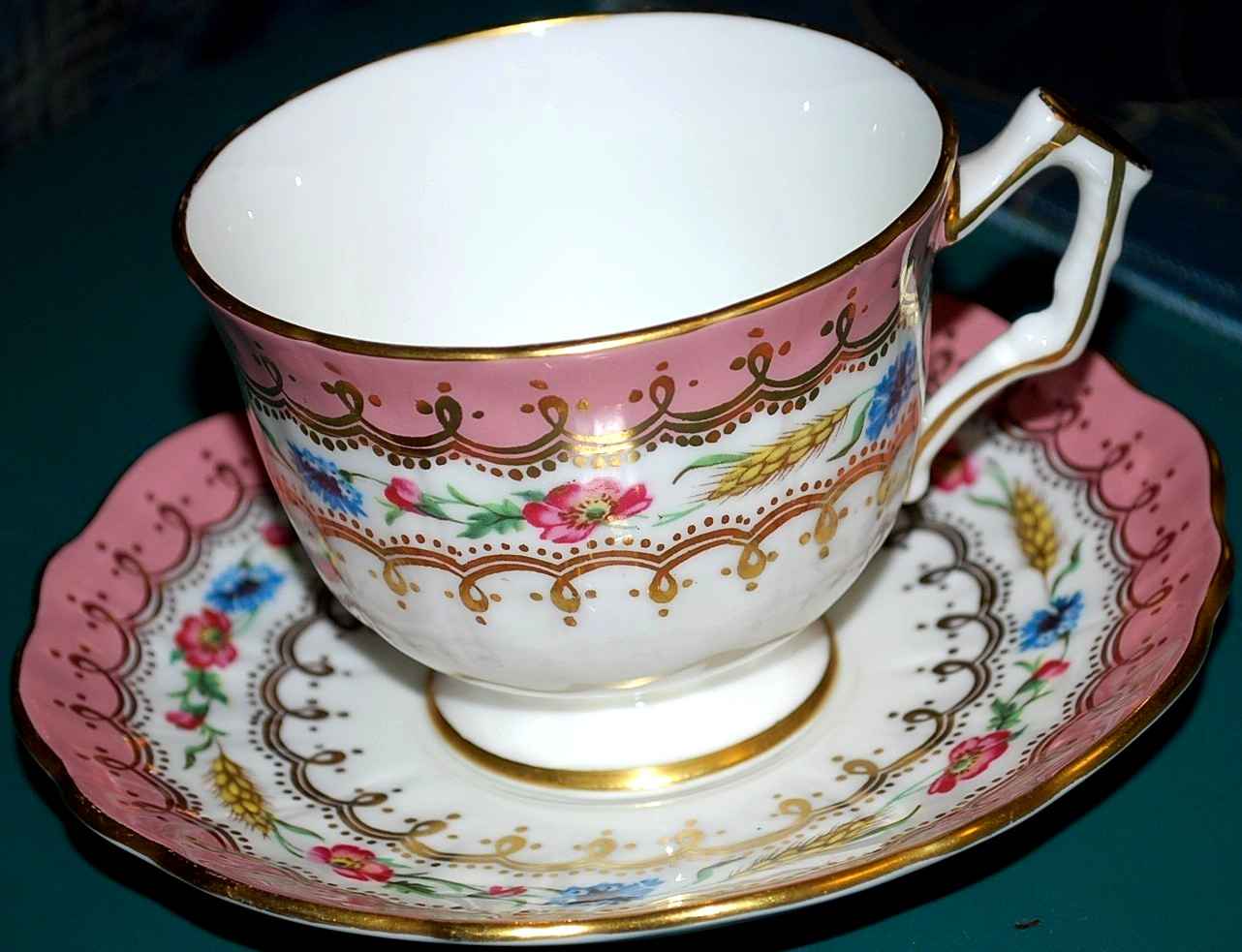 Vtg AYNSLEY ENGLAND Footed Teacup & Saucer HARVEST WHEAT/PINK FLORAL Bone China