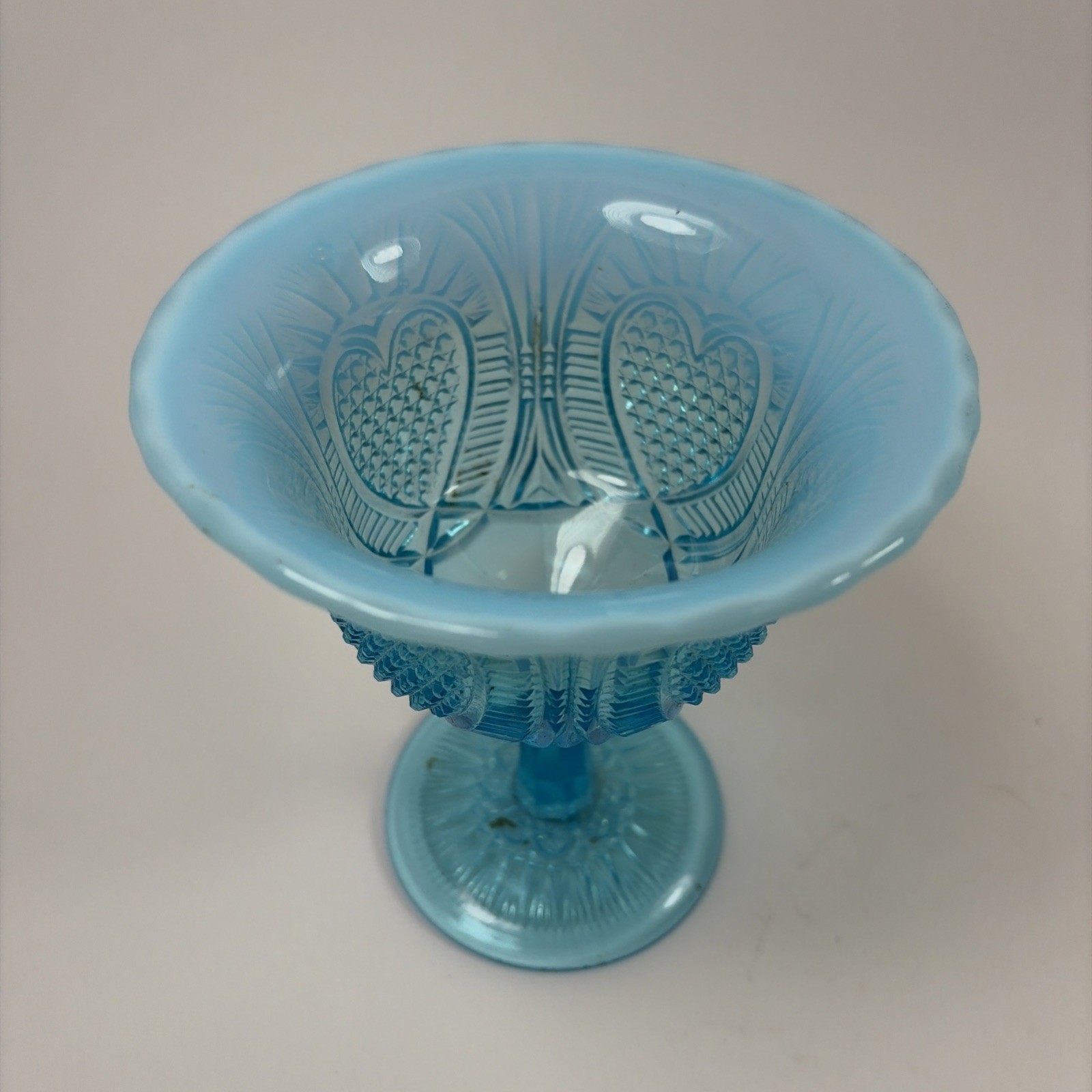 Dominion “Rayed Heart” 5″ Blue Opalescent Pedestal Dish-RARE