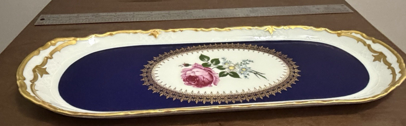Reichenbach Echt Kobalt 16″ Cobalt Blue Floral Oval Serving Platter Gold Trim