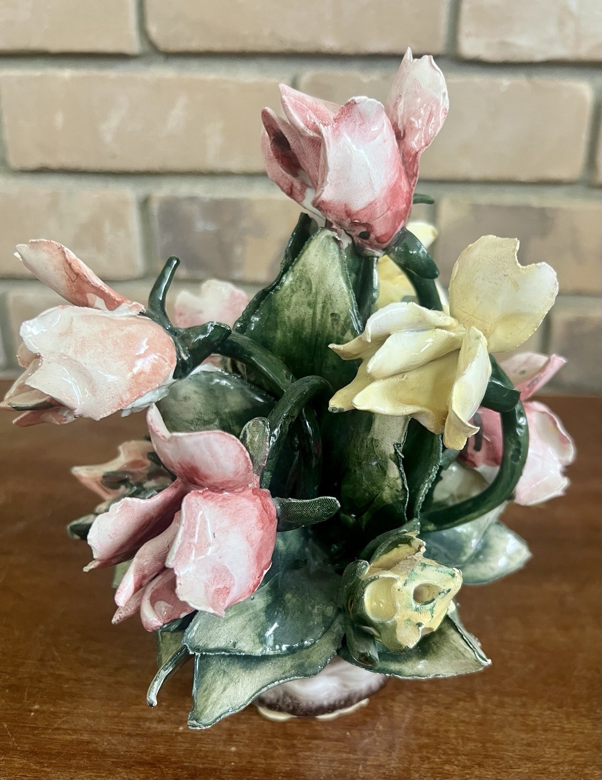 Stamped Vintage Capodimonte Italy Porcelain Floral Arrangement Centerpiece 7.5”