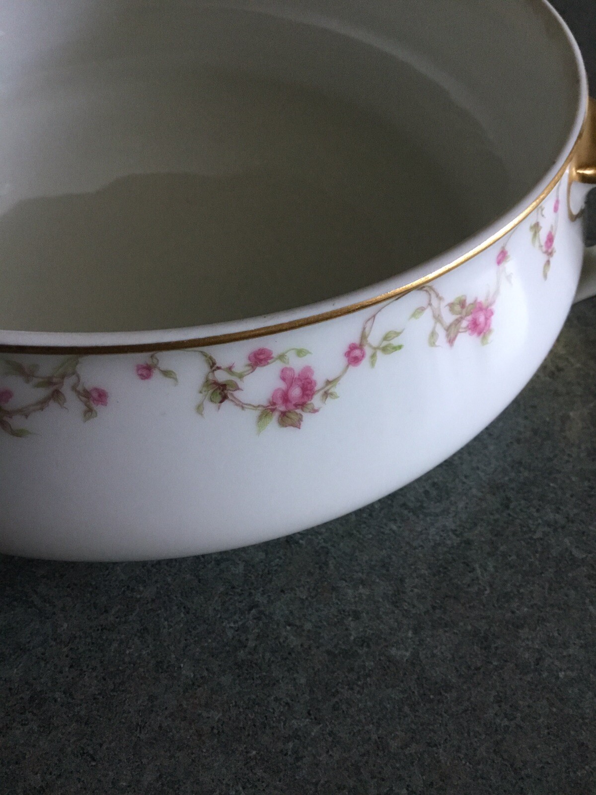 Haviland Limoges France Handled Casserole Dish Pink Rose Garland & Gold Trim