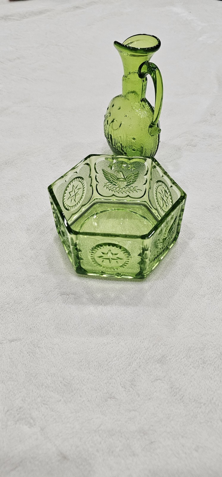 Green Pressed Glass Hexagon Bowl with Floral Pattern, Colonial Theme Glassware