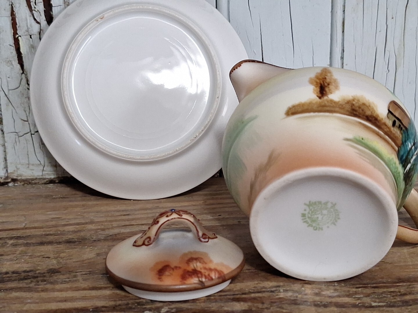 Antique Morimura Nippon Hand Painted Porcelain Creamer with lid, Saucer Moriage