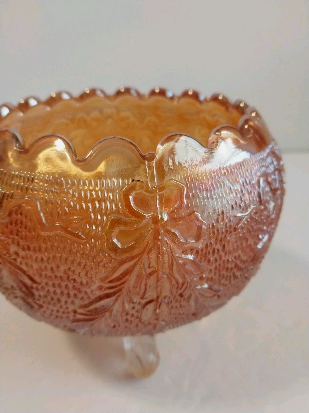 Fenton Marigold Carnival Glass Rose Bowl Garland & Bows 3 Toed
