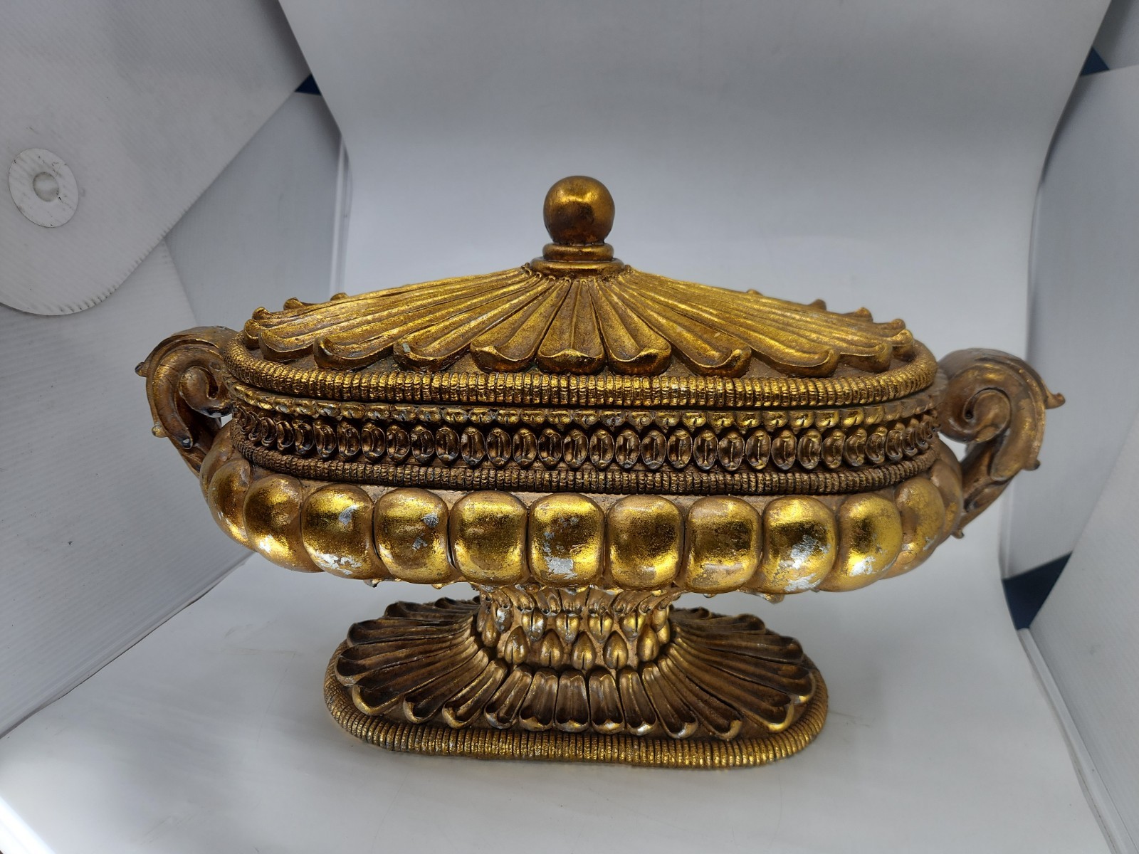 Large Hollywood Regency Gold Covered Tureen Urn Centerpiece Pedestal Bowl 21″