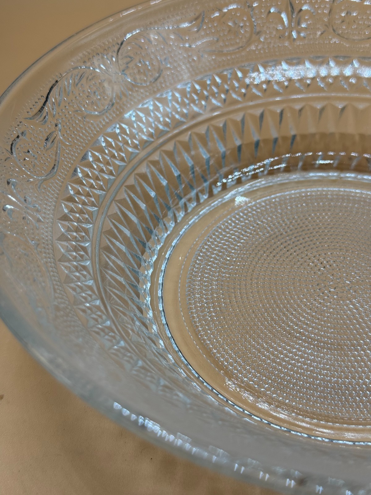 Vintage KIG Malaysia 8.5” Fleur De Lis Pressed Glass Serving Bowl