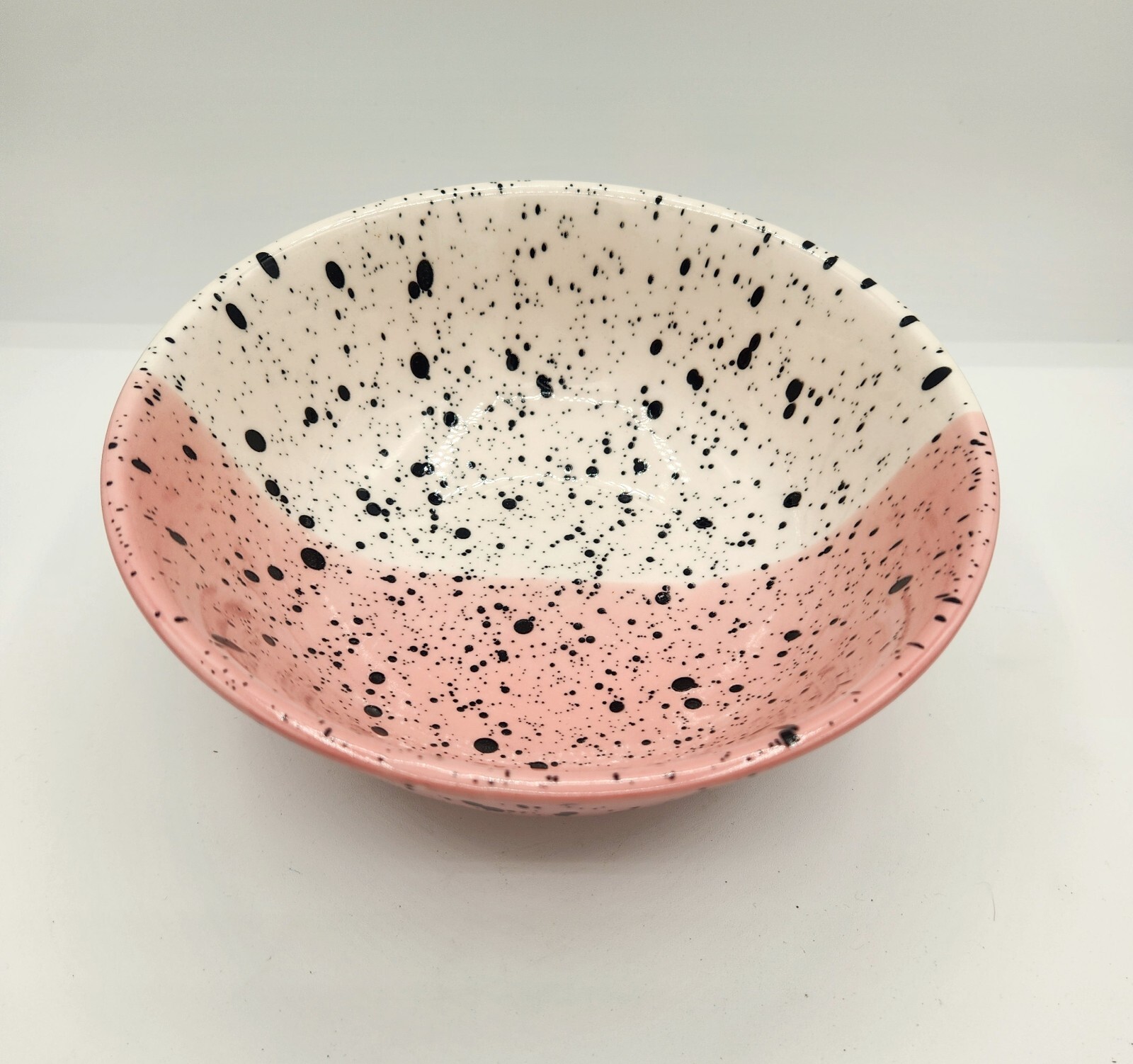 VTG Pottery Bowl Light Pink Off White Black Splatter Trinkets Noodle Fruit 8in