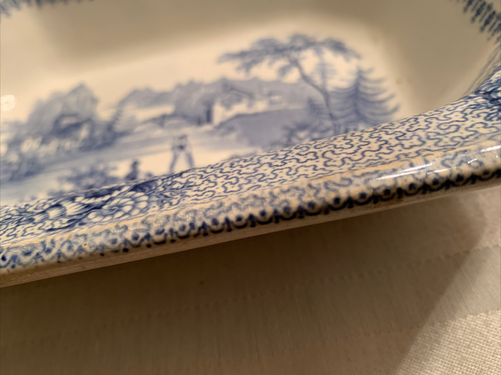 Lucern China Blue & White Lucern Bowl- Outdoor Scene- Man/Women-11 X 9 X 2.