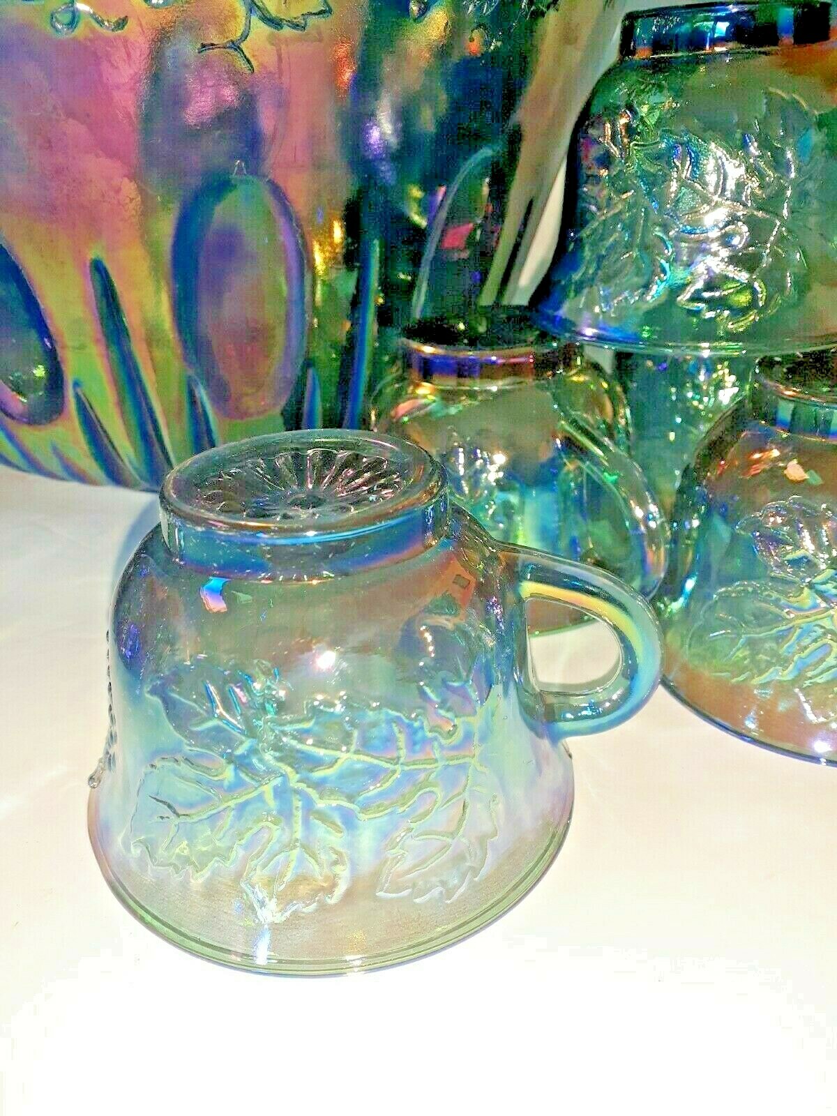 Vintage Indiana Glass Grape Harvest Punch Bowl Set Princess Blue Iridescent 14pc