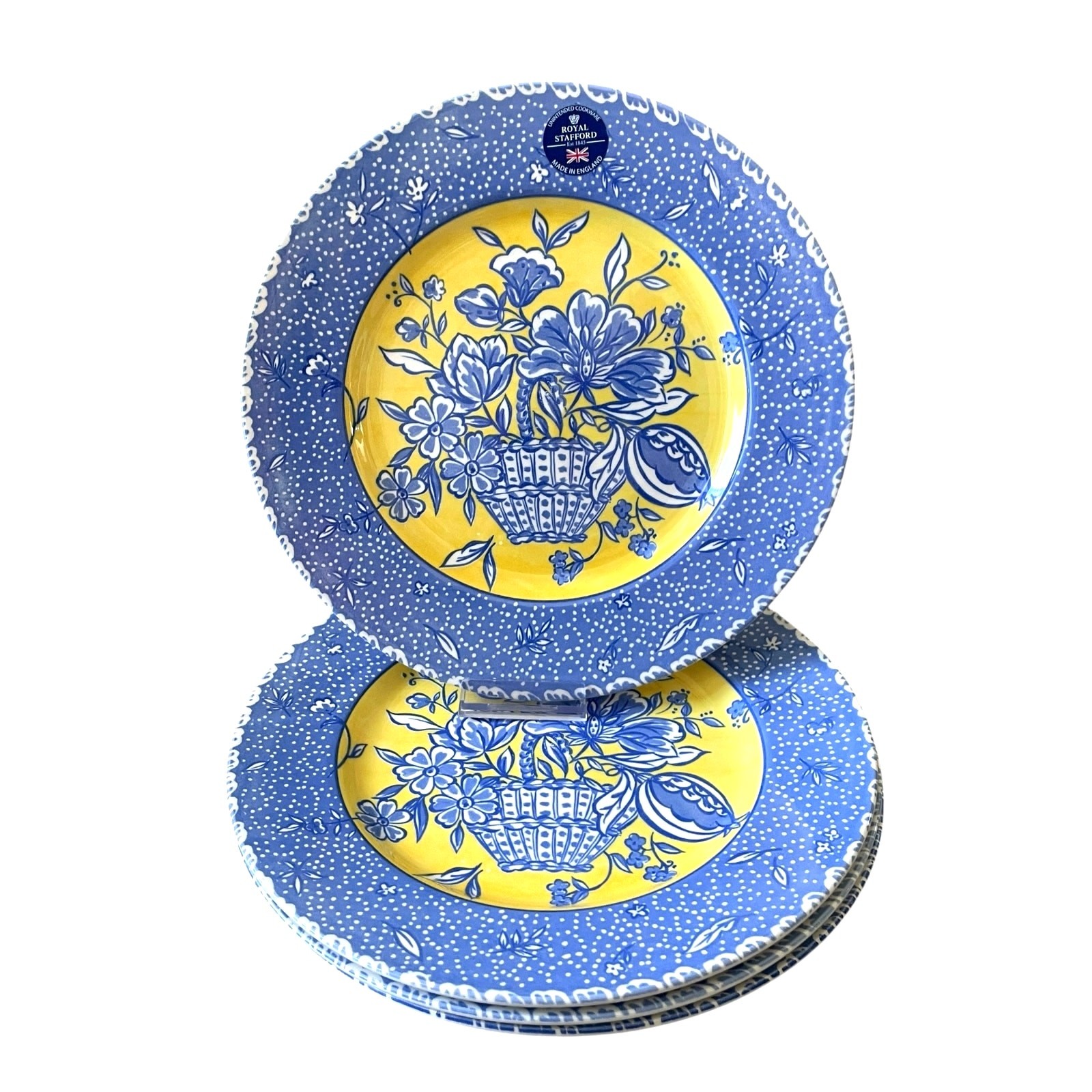 Royal Stafford English Toile 11in Dinner Plate Set of 4 Blue & Yellow New
